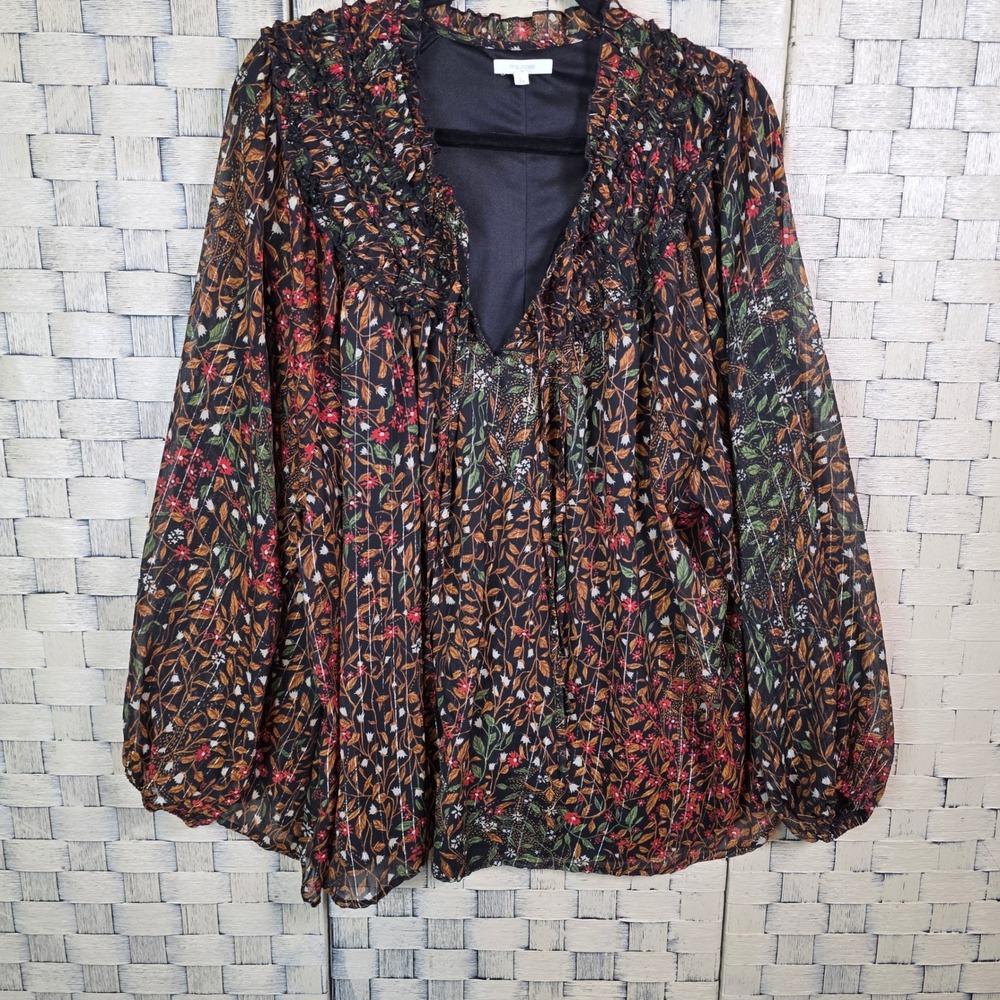 Maurices Blouse Women 3X Black Floral Metallic Striped Ruffle Long Sleeve Boho